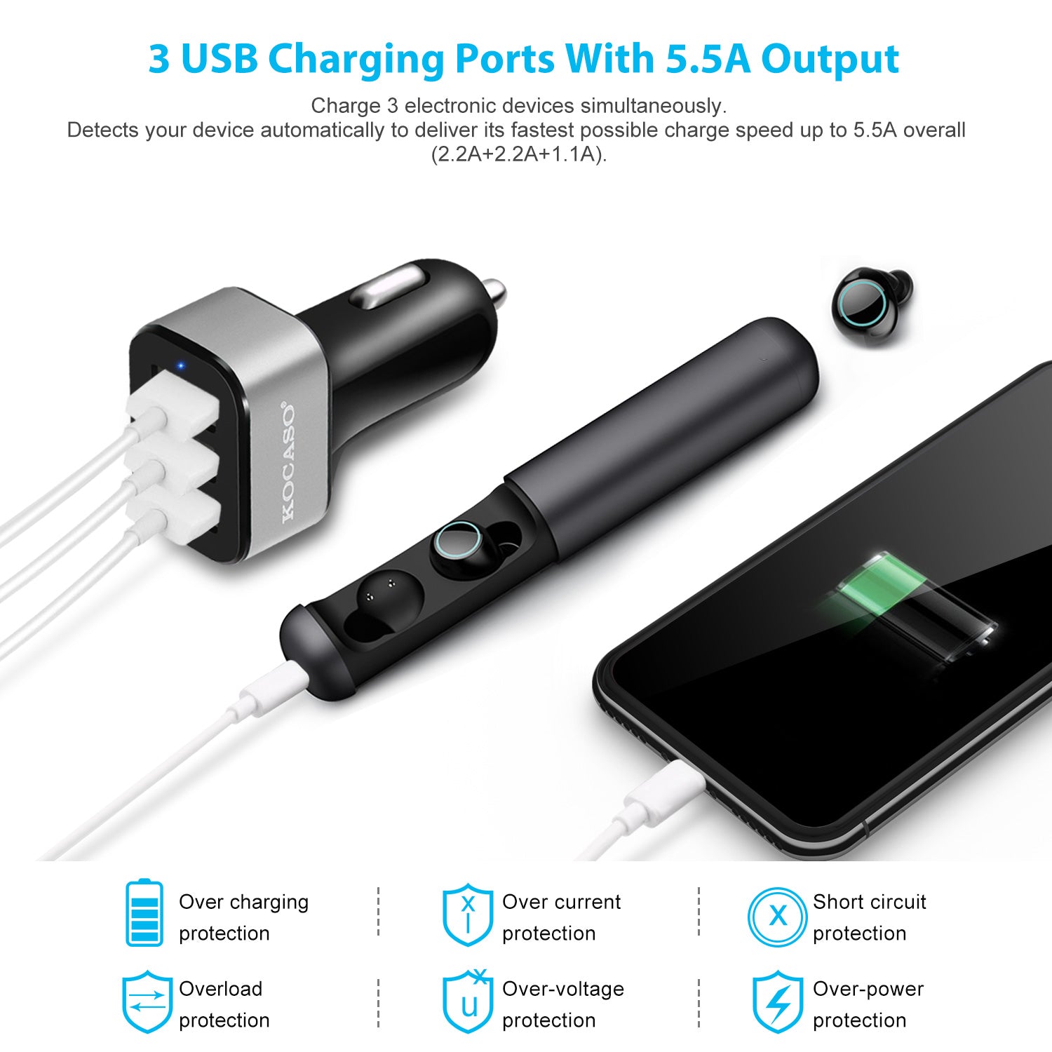 3 Port USB Car Charger 30W Fast Charging Adapter for Phones