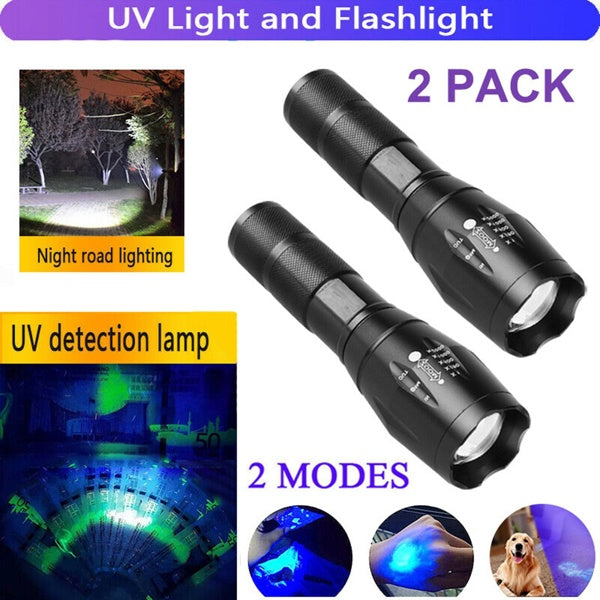 2 in 1 UV Flashlight LED Inspection Torch Adjustable Focus 2 Pack