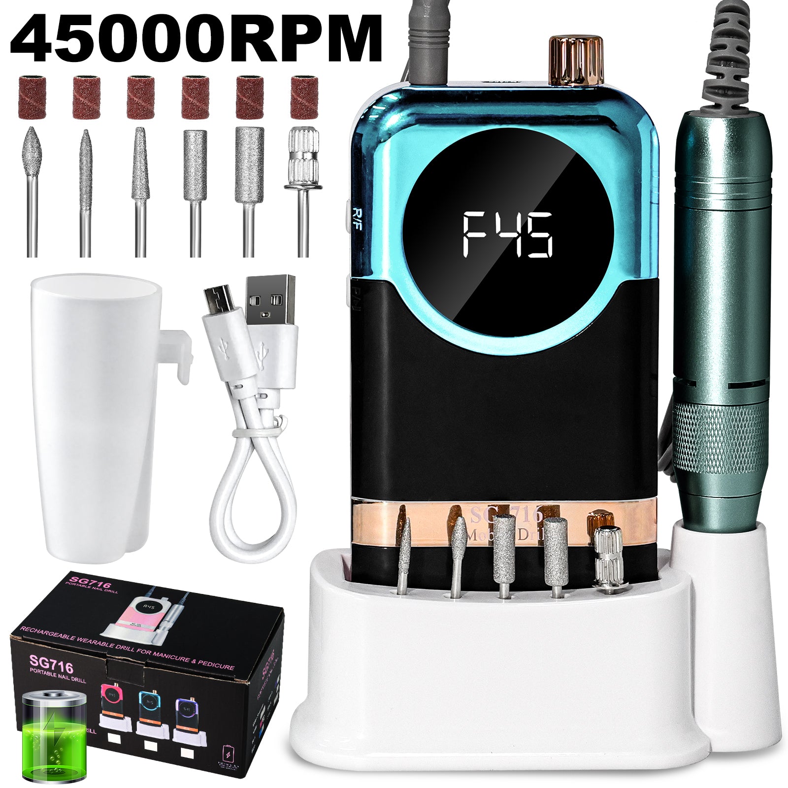 45000 RPM Portable Electric Nail Drill Kit with 6 Bits & LED
