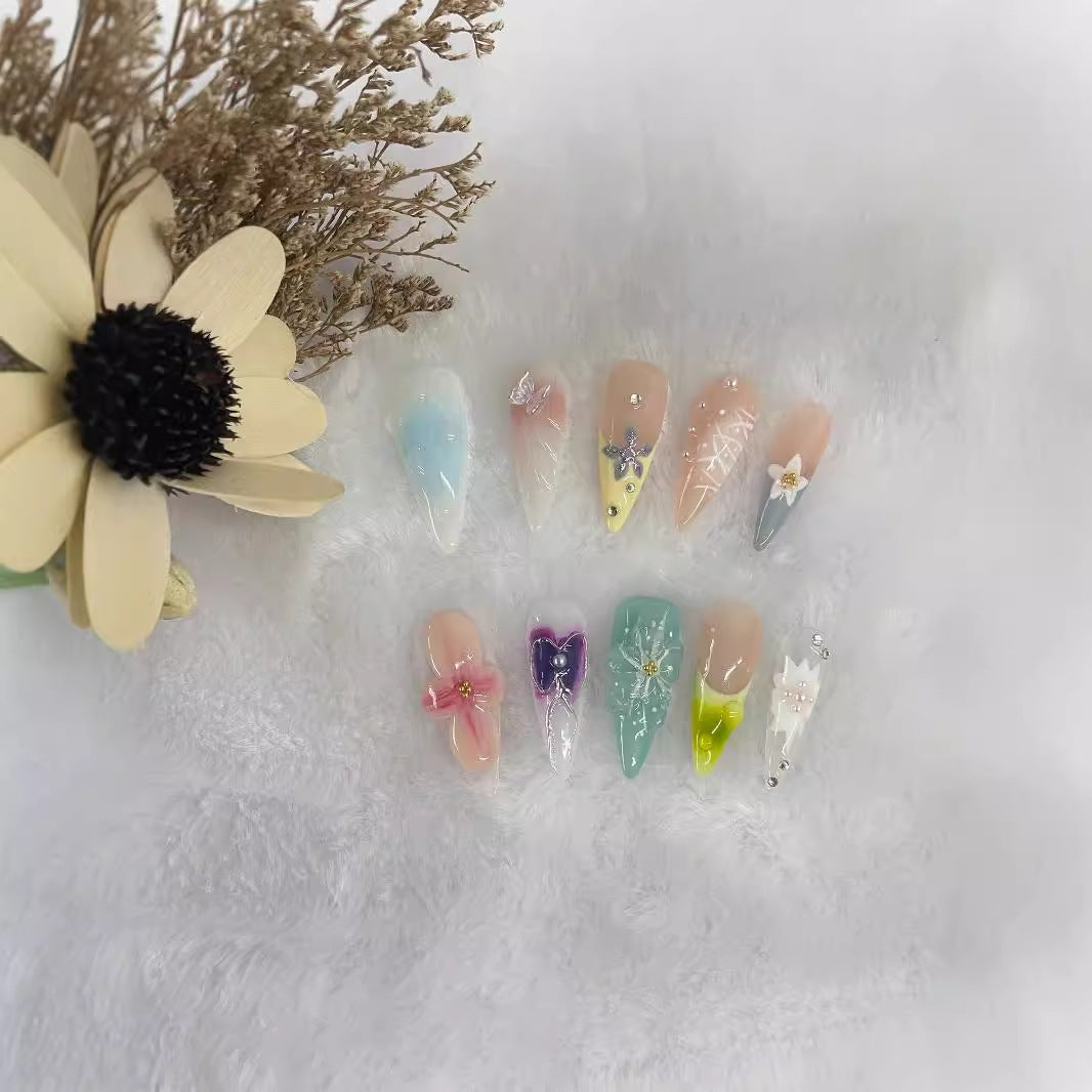 Hand-Painted 3D Elegant Long Armor Press On Nails