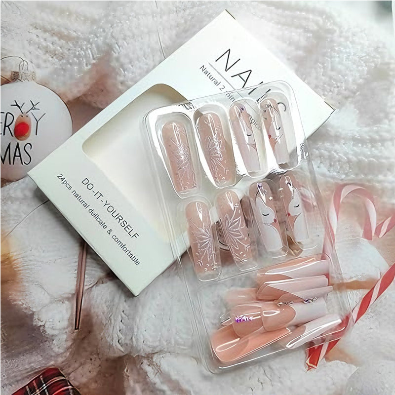 24 PCS Diamond Deer Snowflake Long Fake Nails