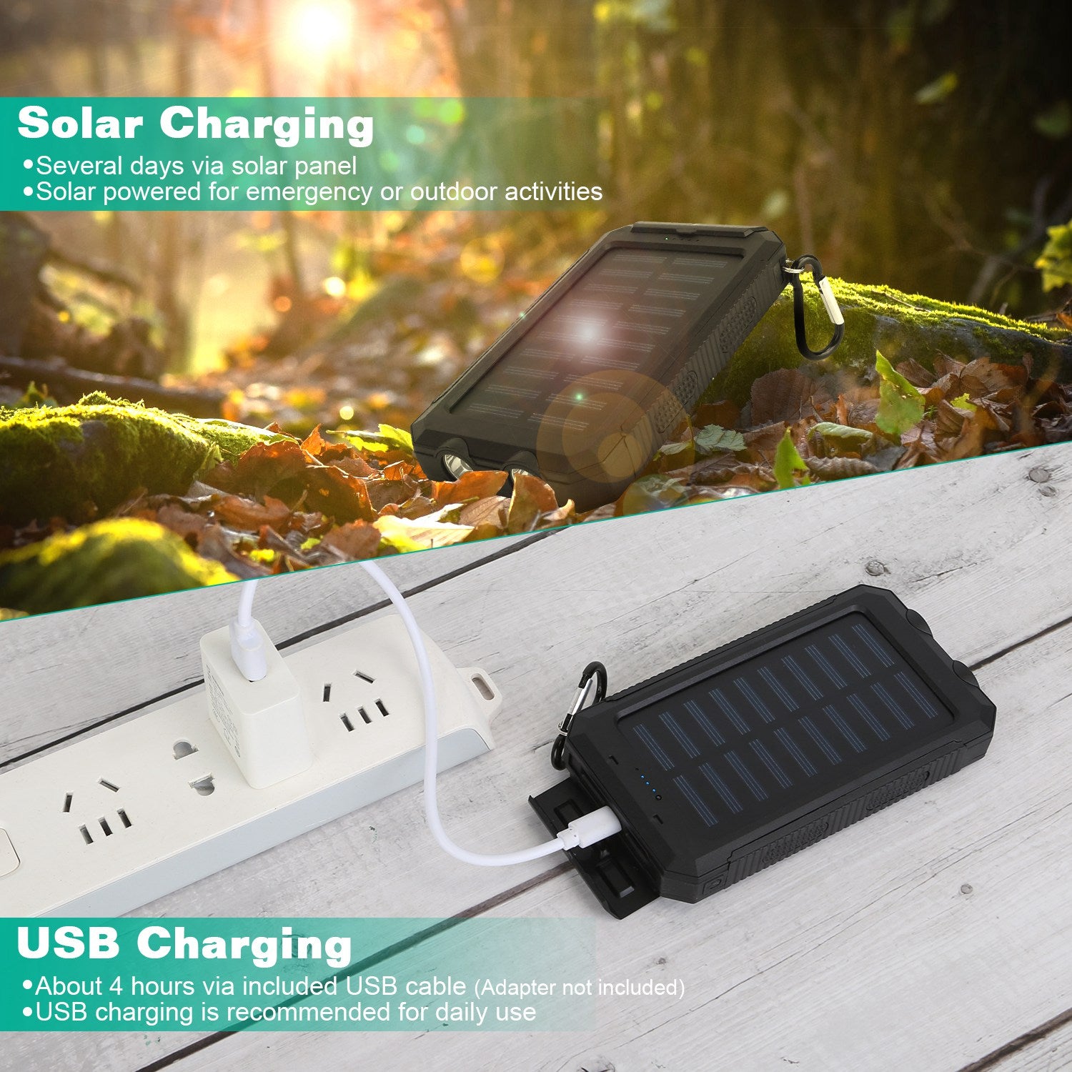 Solar Power Bank Dual USB Outdoor Charger with LED and Compass
