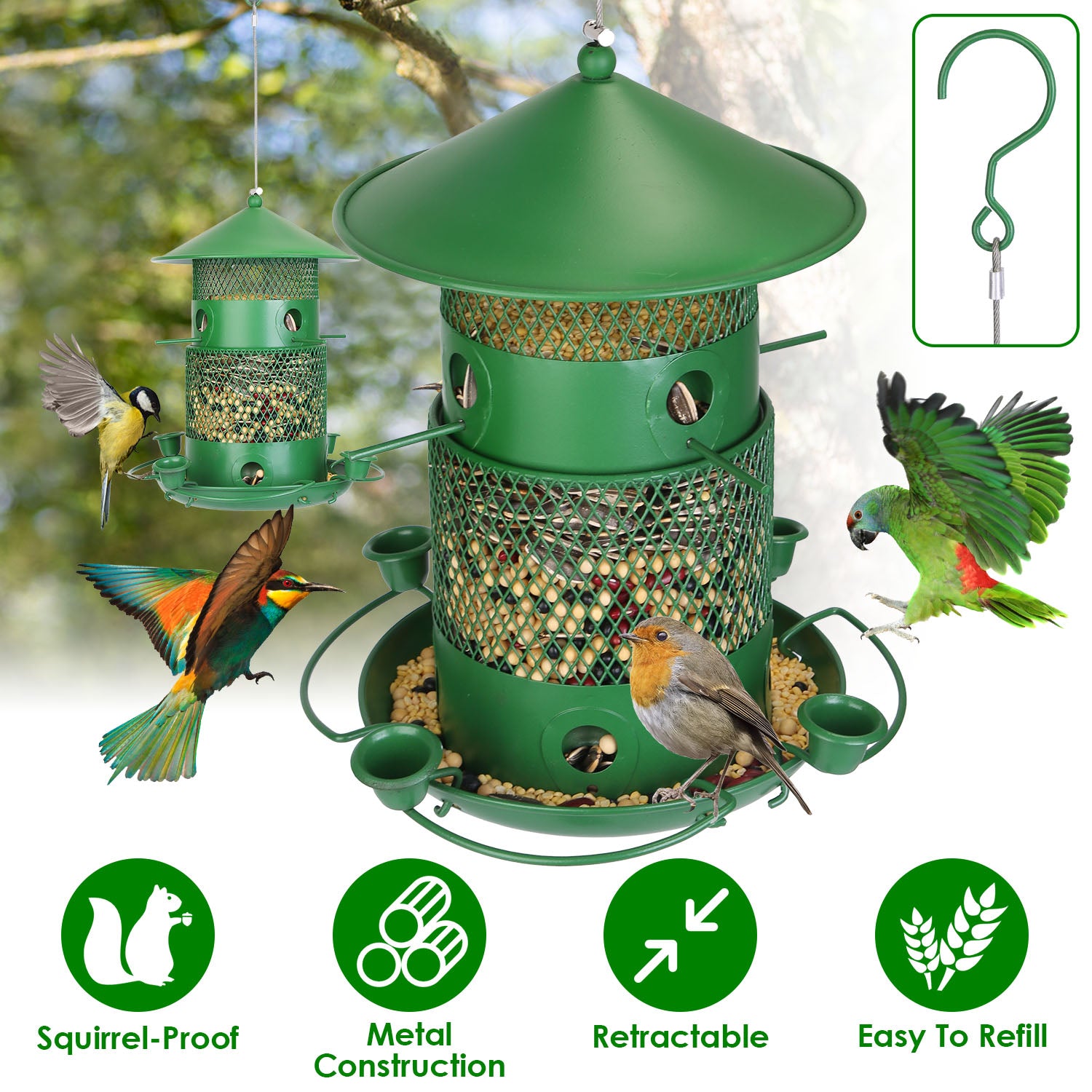 Large Squirrel Proof Hanging Bird Feeder Metal 6 Perch Garden