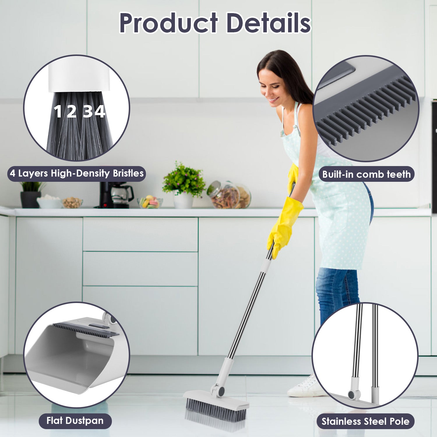Premium 4 in 1 Broom and Dustpan Set with Squeegee Steel Handle