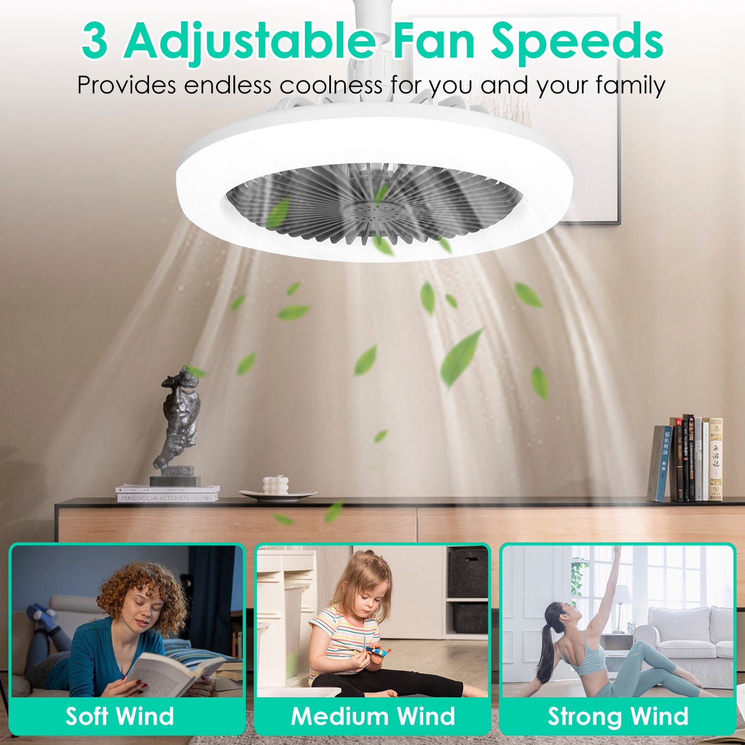 Ceiling Fan Light E27 Remote Control Dimmable 3 Speed Timer