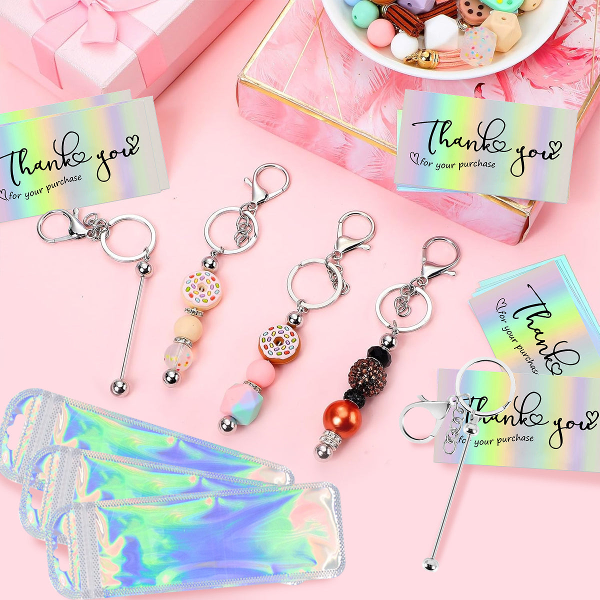 Premium 60Pc Beadable Keychain Kit Metal DIY Craft Accessories