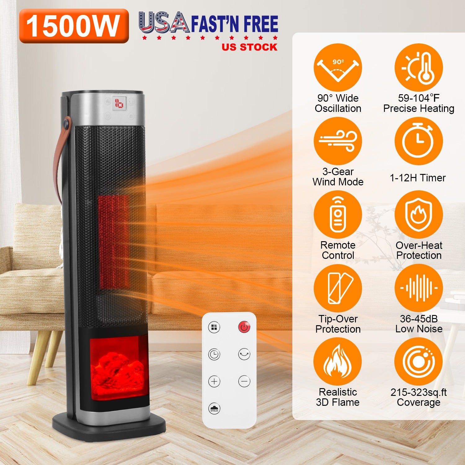 1500W Oscillating Tower Space Heater with Flame Remote Control
