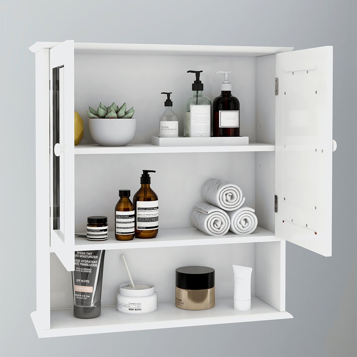 Bathroom Wall Cabinet with Double Mirror Doors & Shelf
