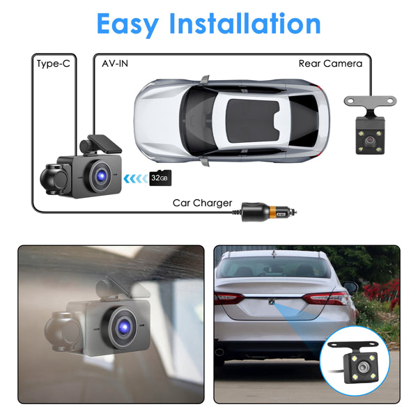 3 Channel Dash Cam 1080P Car Camera Front Interior Rear