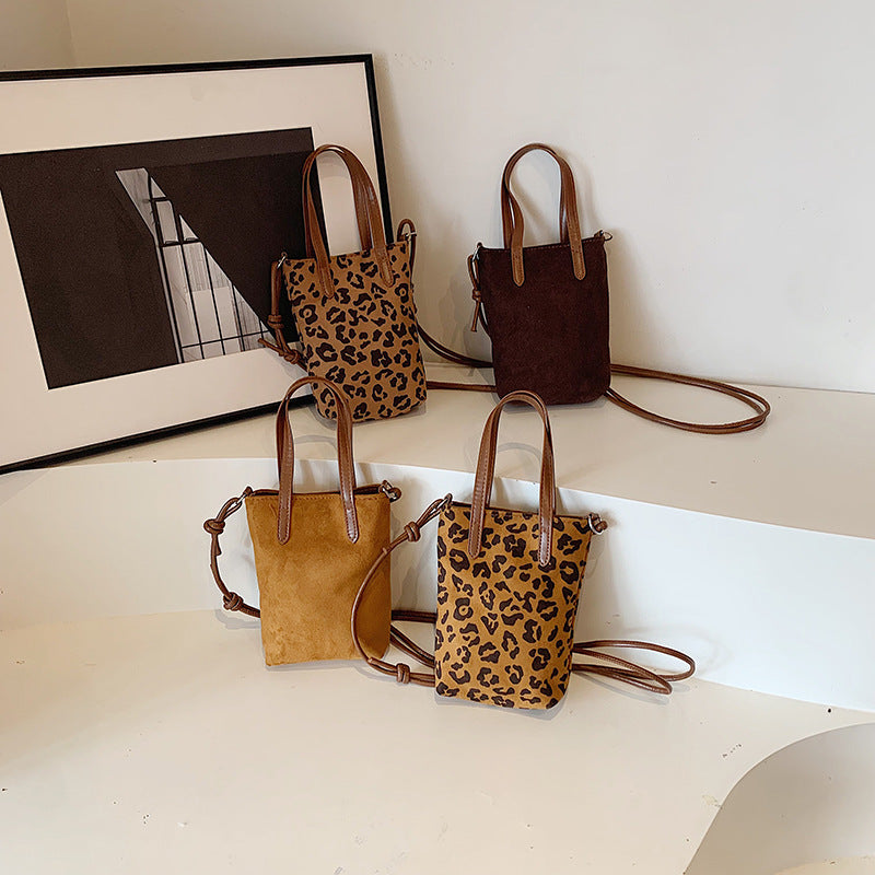 Women Retro Leopard Print Crossbody Bag Suede Phone Shoulder Bag