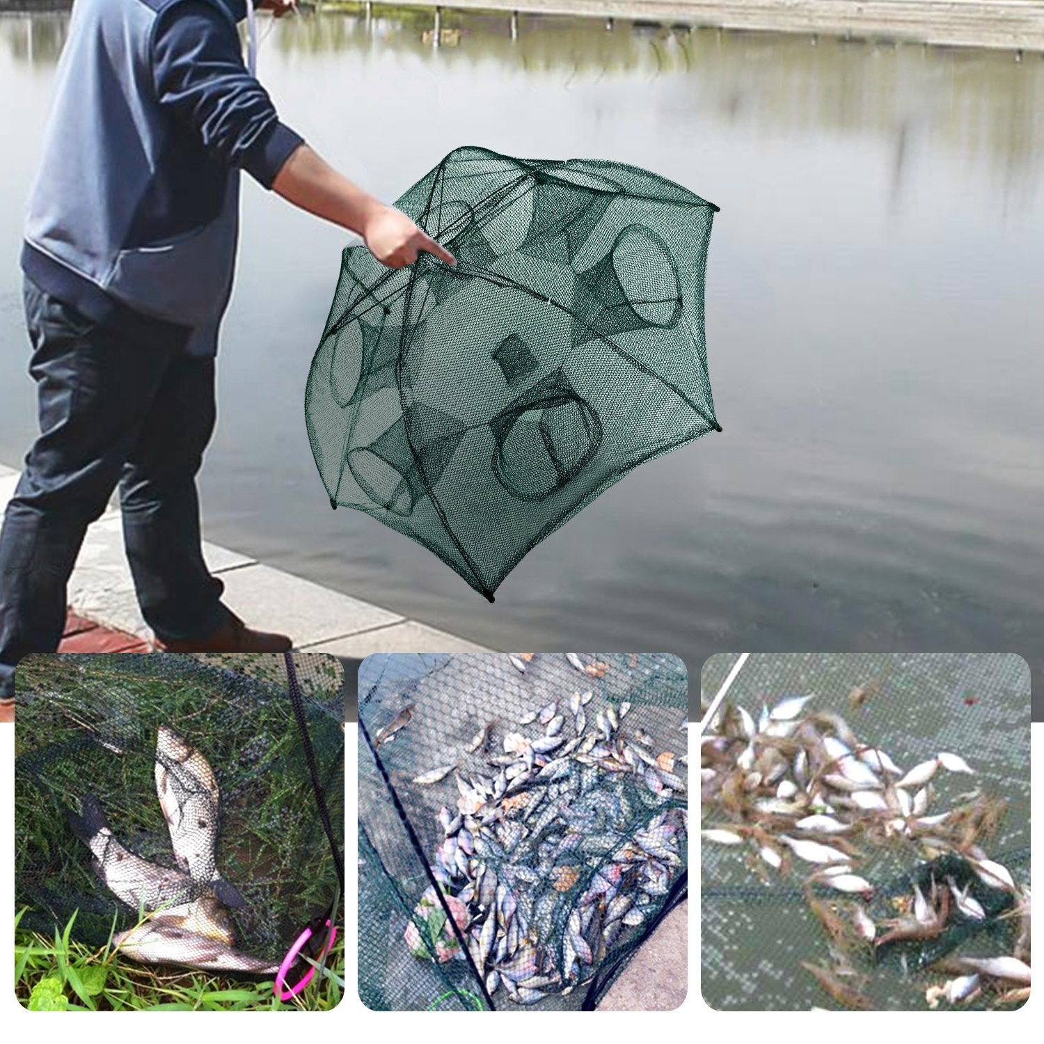 Portable 6-Sided Fishing Trap Net with 6 Holes Automatic