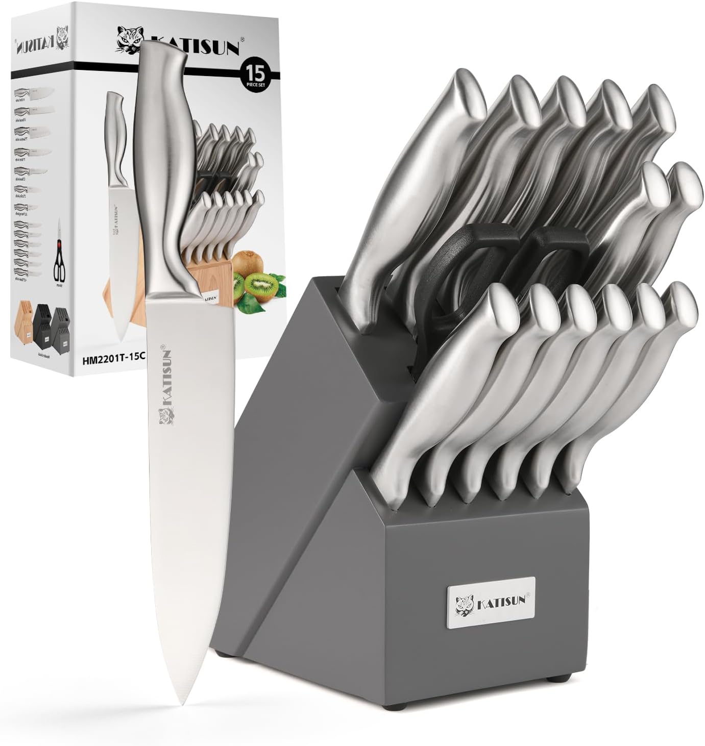 15 Piece Kitchen Knife Set with Block Ergonomic Handle Chef Set