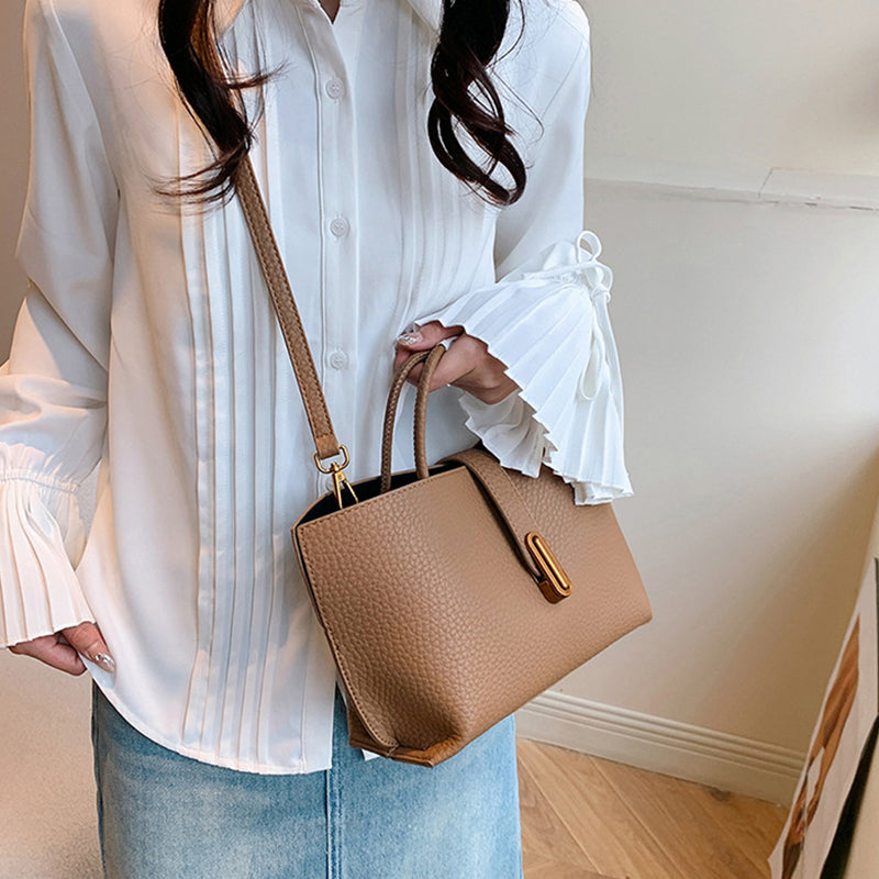Large Capacity Litchi Pattern Shoulder Bag INS Zipper Bucket Tote Women