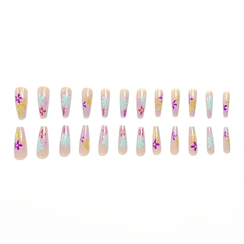 24PCS Long Flat Flower Square Press On Fake Nails
