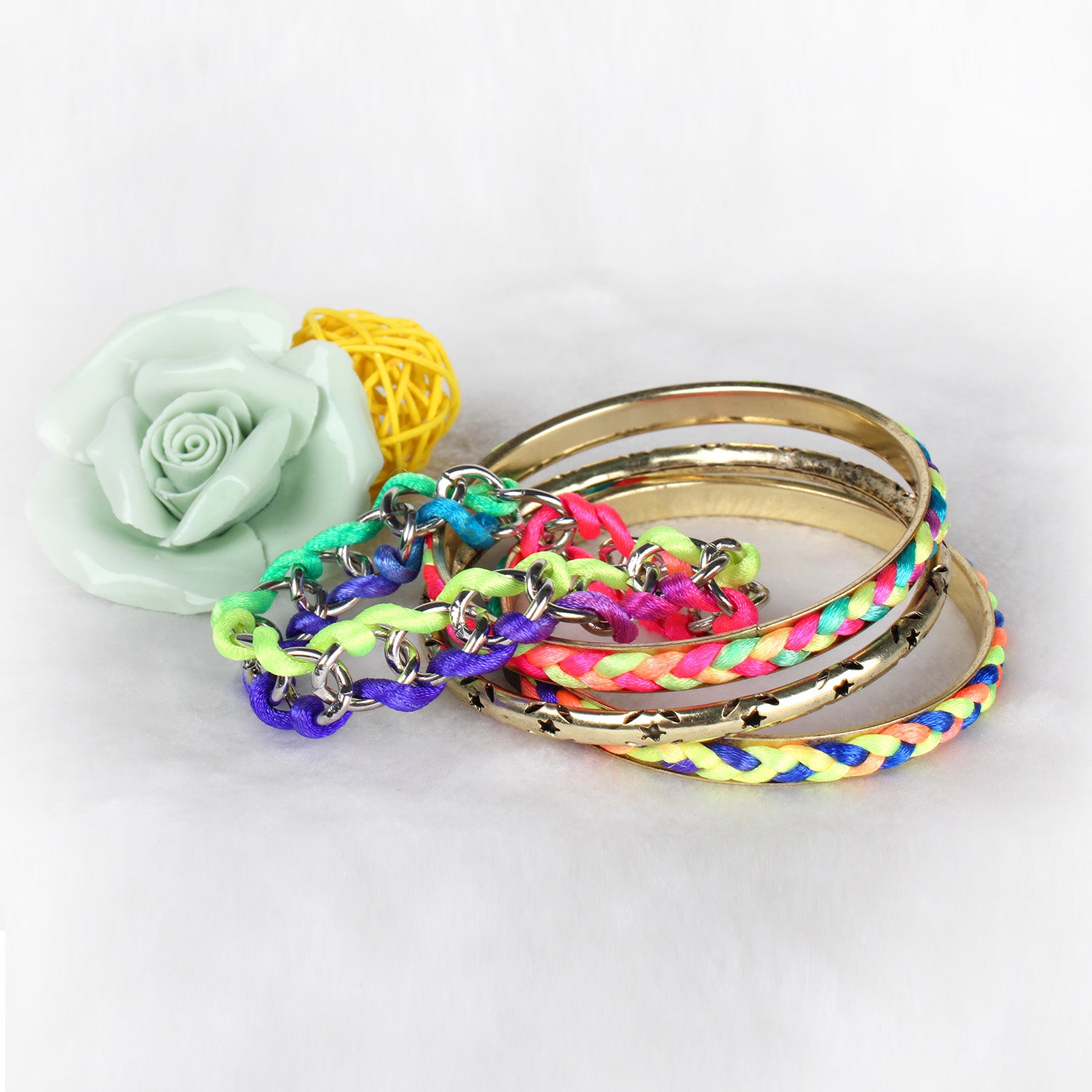 Trendy Colorful Woven Bracelet Set Burnished Gold Stack