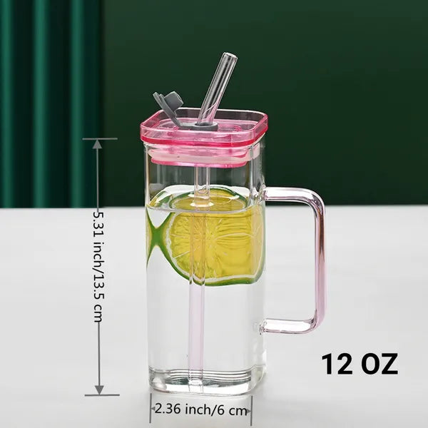 Square Glass Cup with Lid and Straw Modern Drinkware