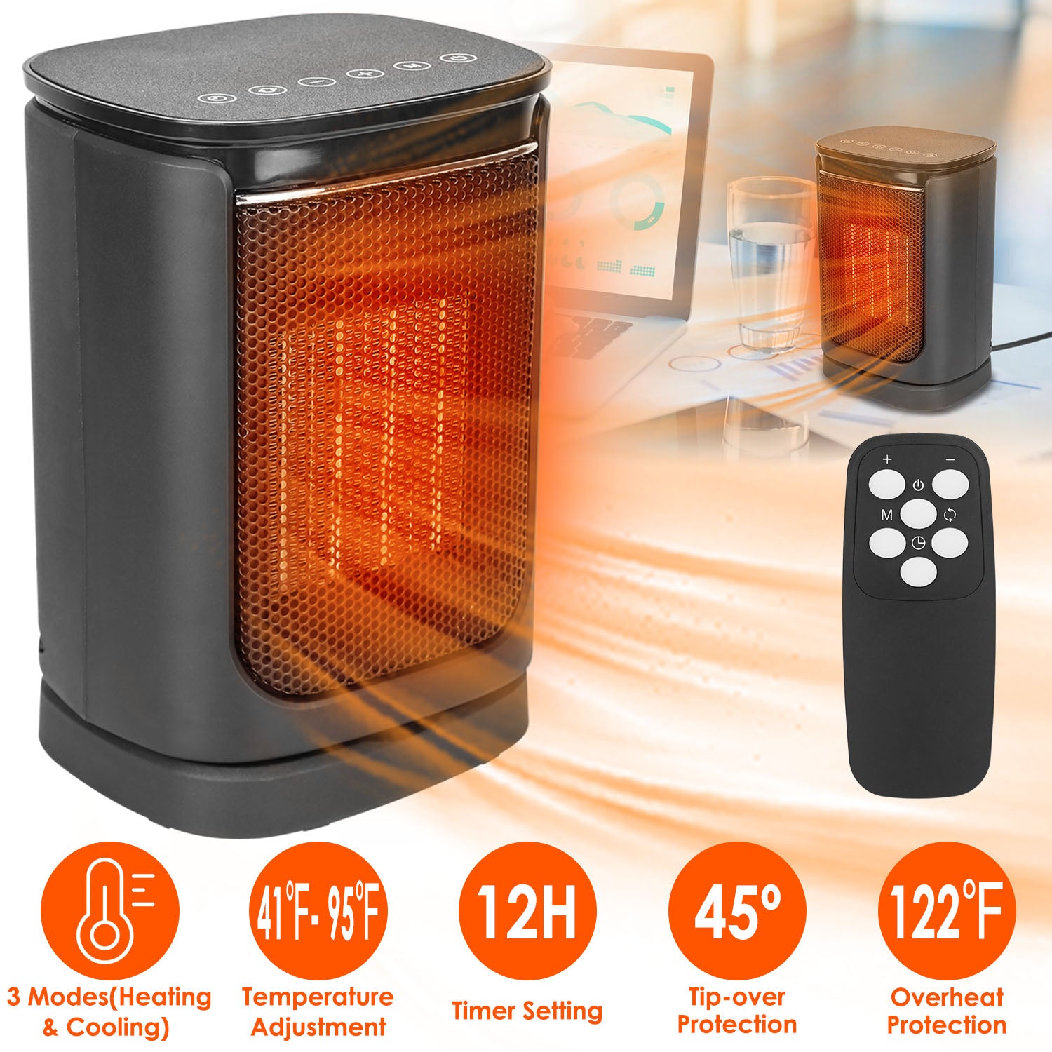 1500W Ceramic Space Heater Oscillating Remote Control Heater