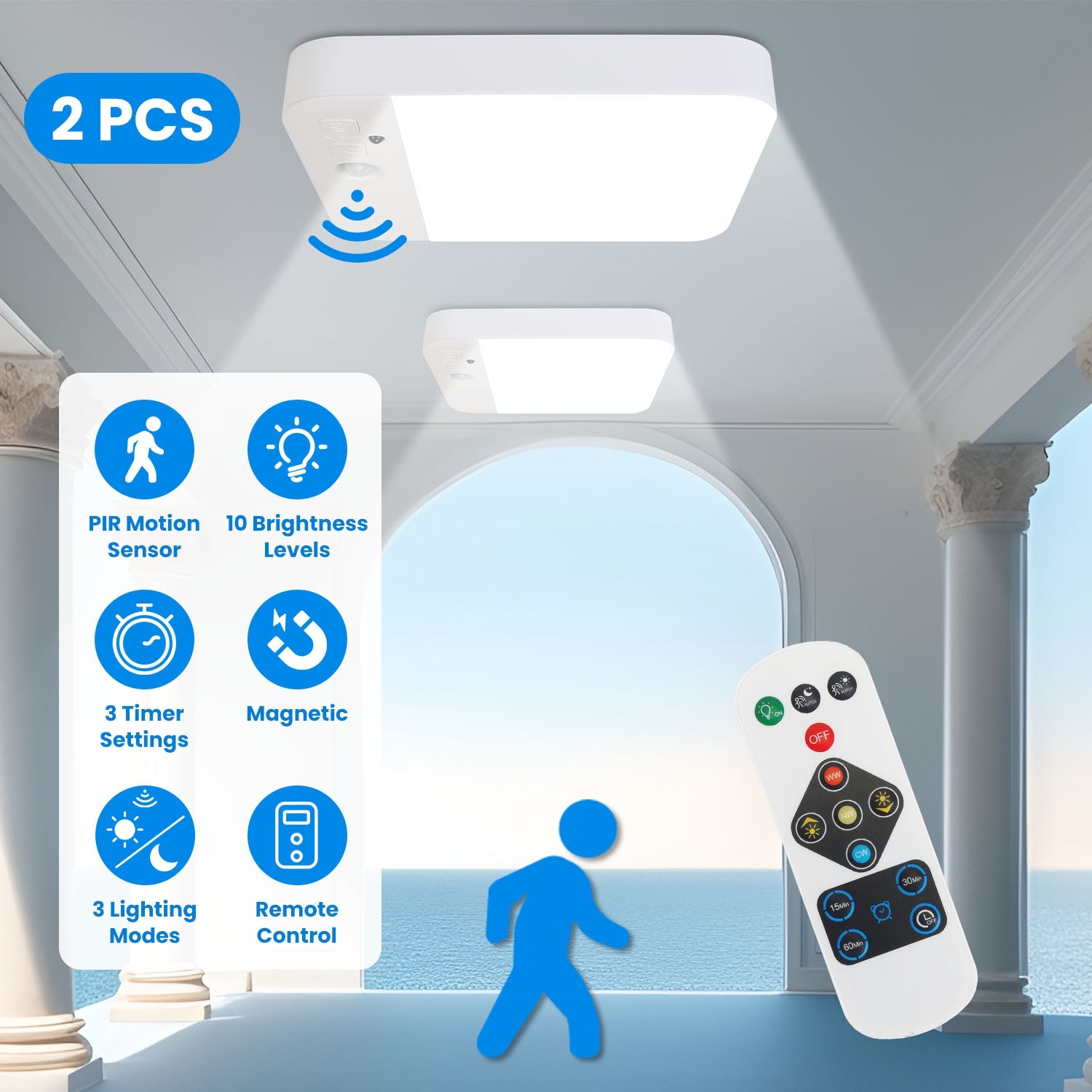 Motion Sensor Ceiling Light Rechargeable Remote Dimmable LED