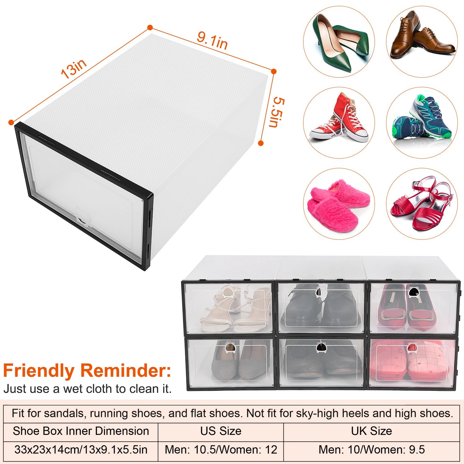 6 Pack Stackable Shoe Storage Boxes Transparent Collapsible Organizer