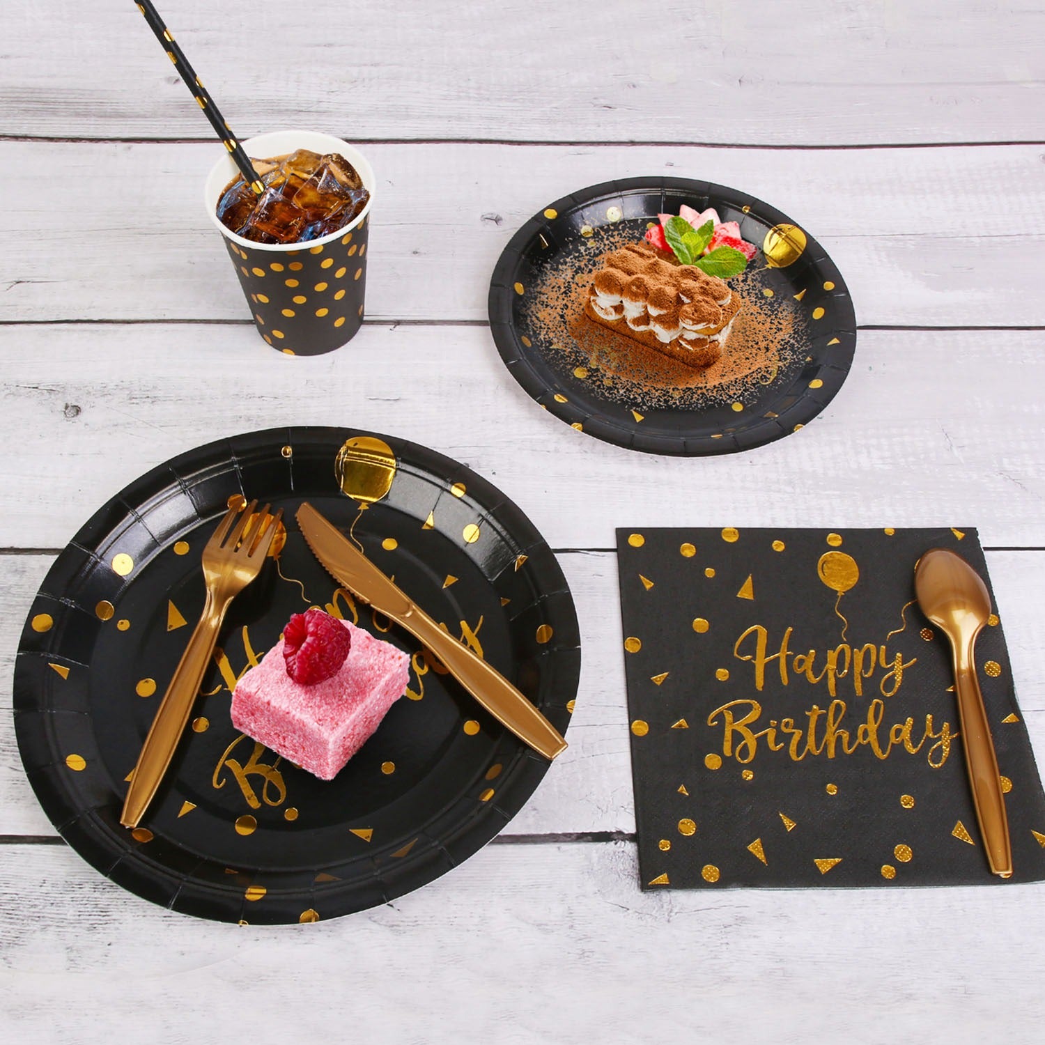 Black and Gold Birthday Party Dinnerware Set for 25 Guests