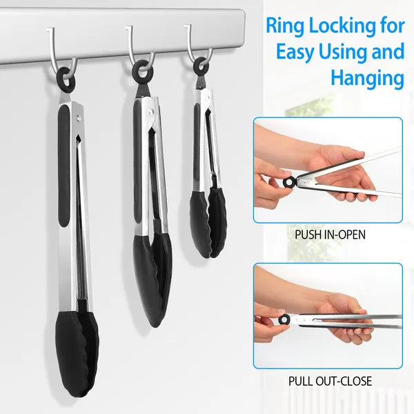 3Pcs Silicone Kitchen Tongs Set Stainless Steel BBQ Cooking Tools