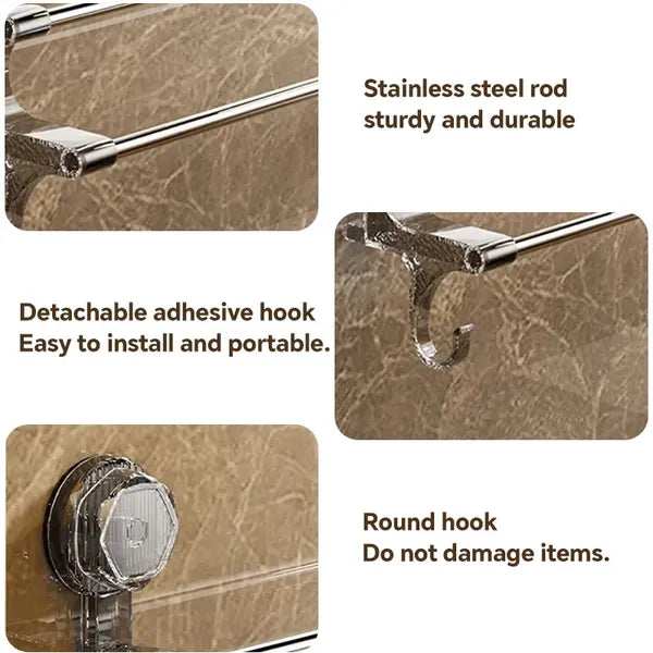 Suction Cup Double Bar Towel Rack Bathroom No Drill Storage