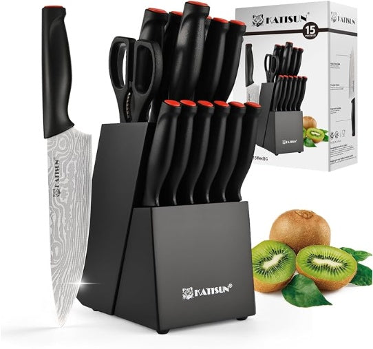 Damascus Pattern 15-Piece Kitchen Knife Set with Block