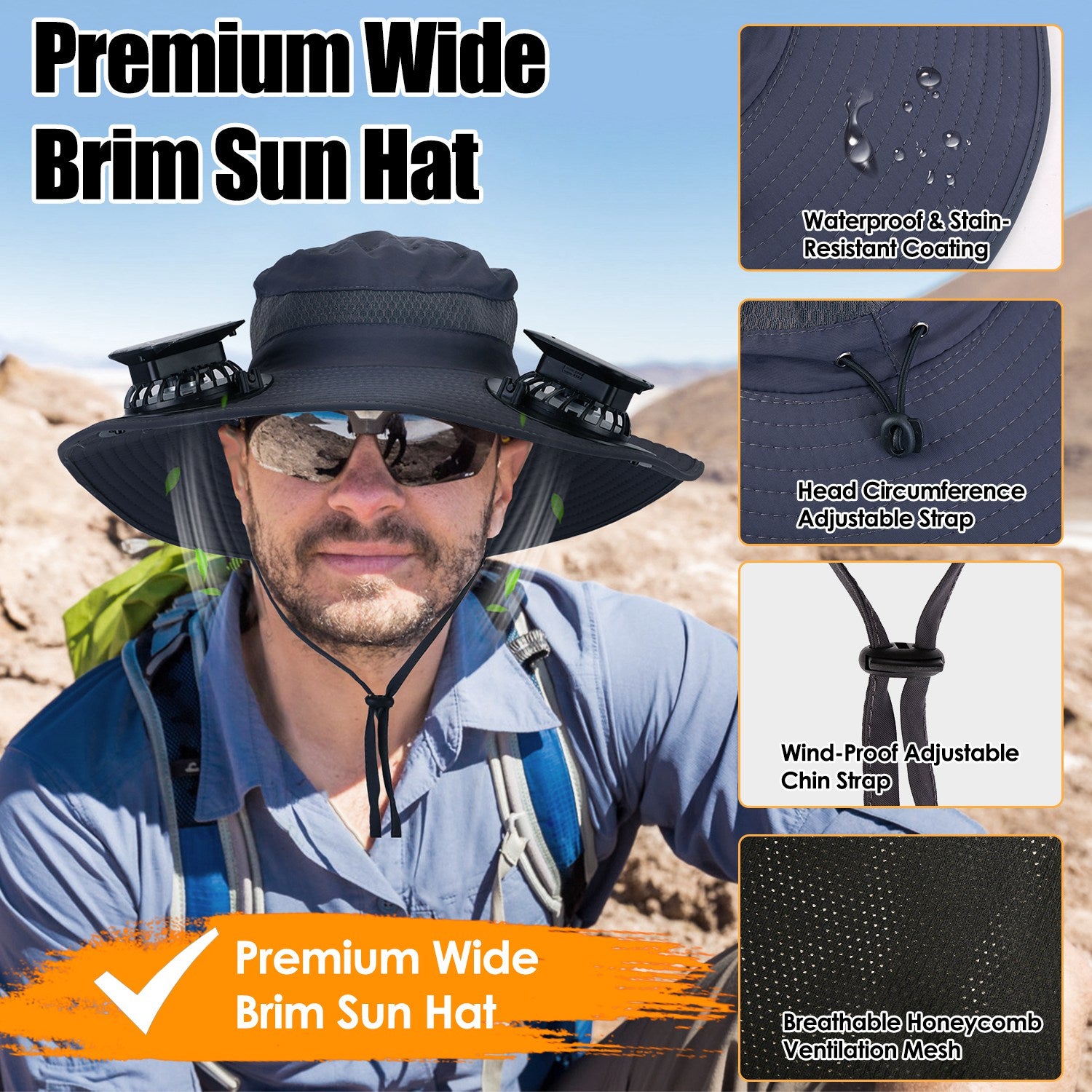Outdoor Wide Brim Sun Hat with Solar Fans UPF50 Cooling Hat