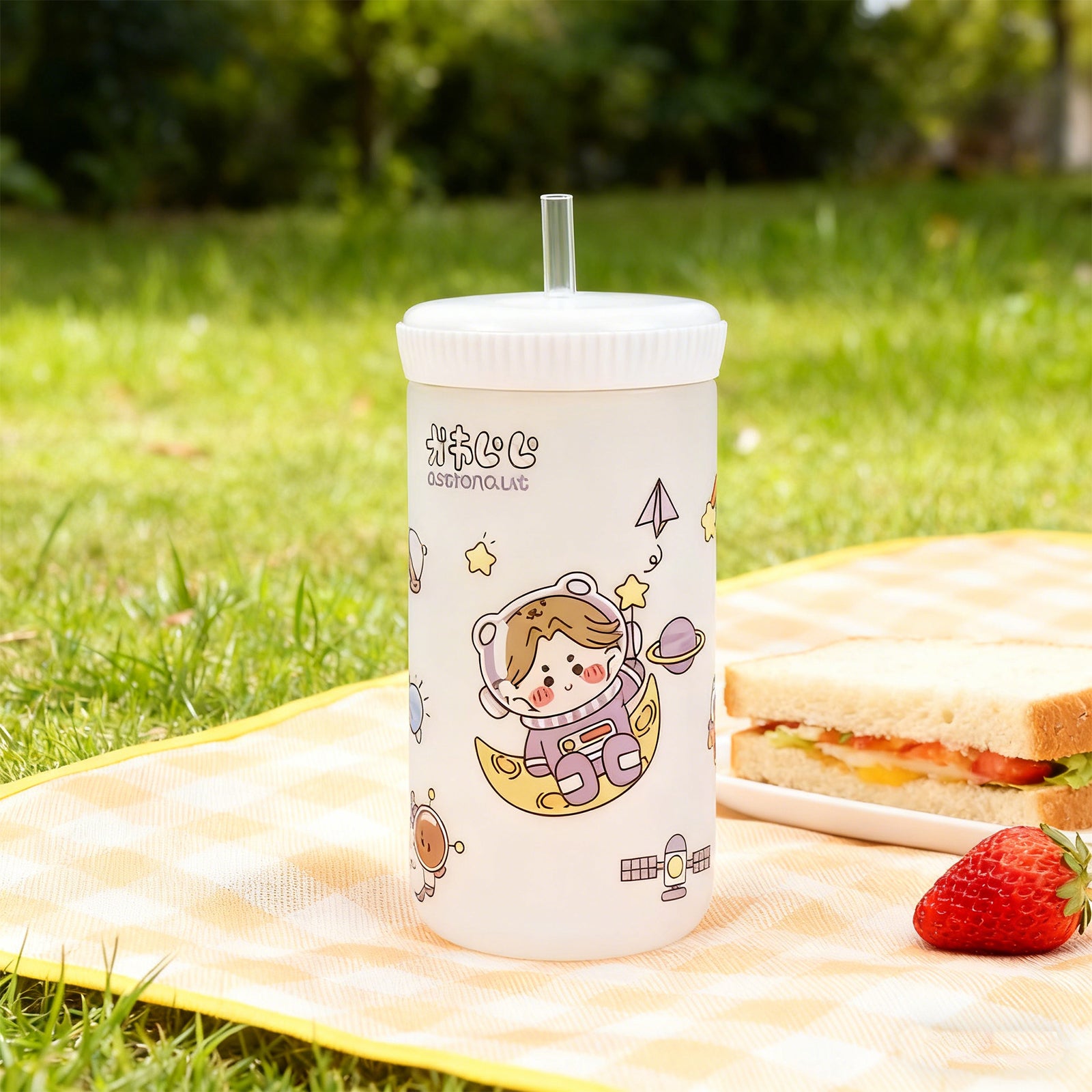 500ml Cartoon Straw Water Bottle White Kids Drink Bottle
