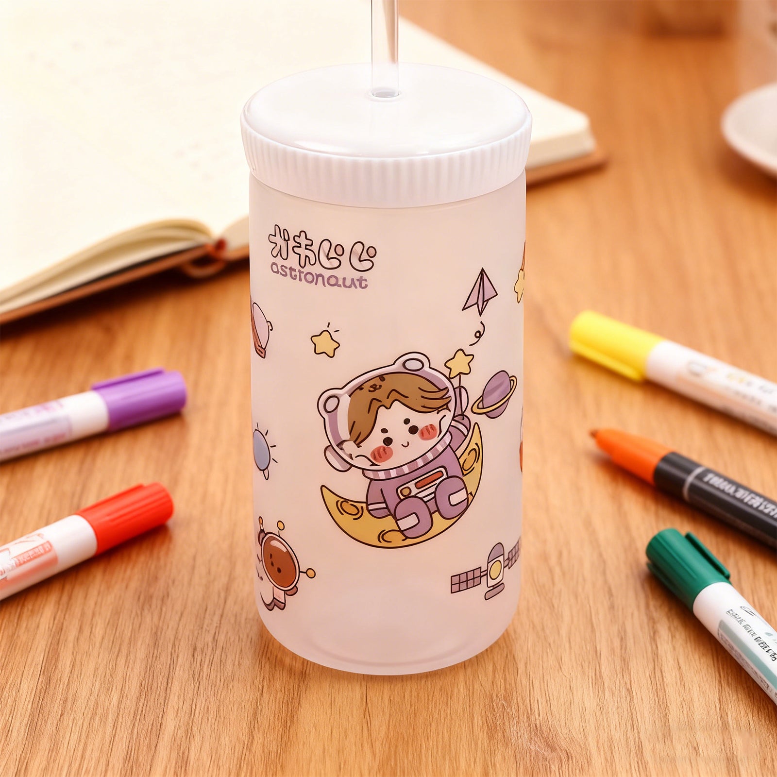 500ml Cartoon Straw Water Bottle White Kids Drink Bottle