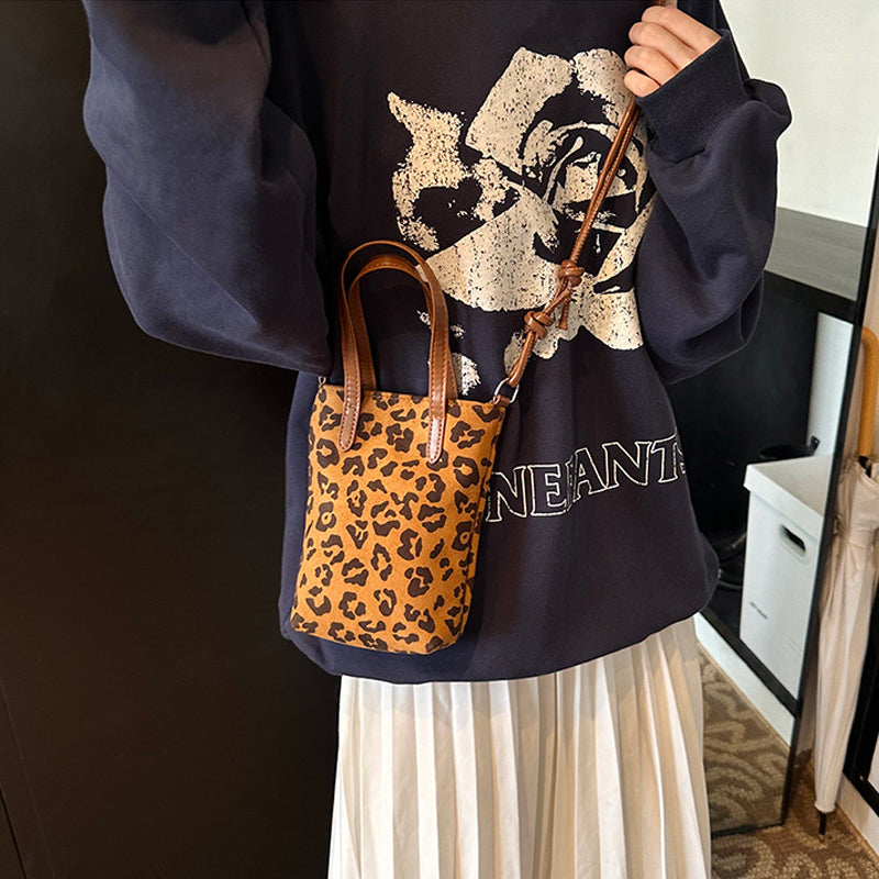 Women Retro Leopard Print Crossbody Bag Suede Phone Shoulder Bag