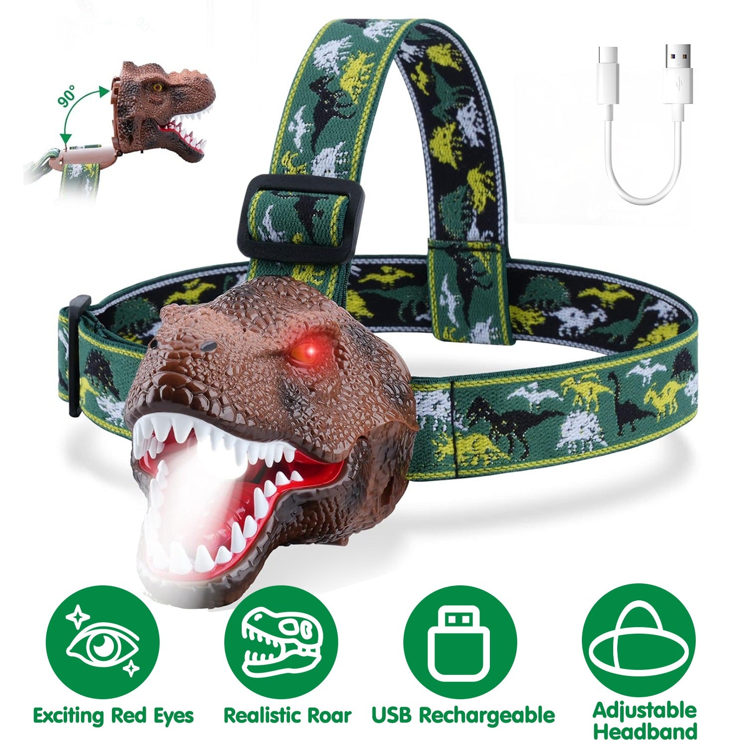 Kids Dinosaur Headlamp LED Flashlight Roar Sound Fun Gift Light