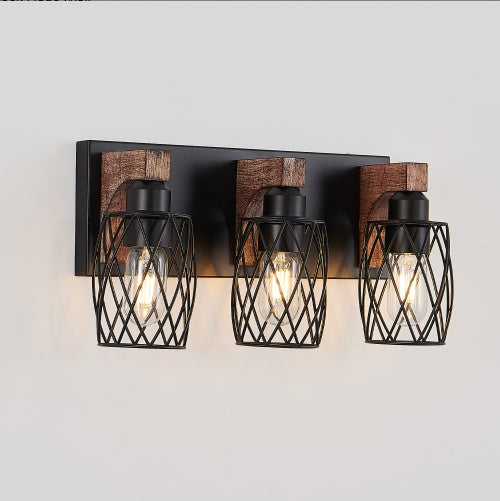 Industrial Vintage Wall Sconce 3 Light Black Cage Wood Accent