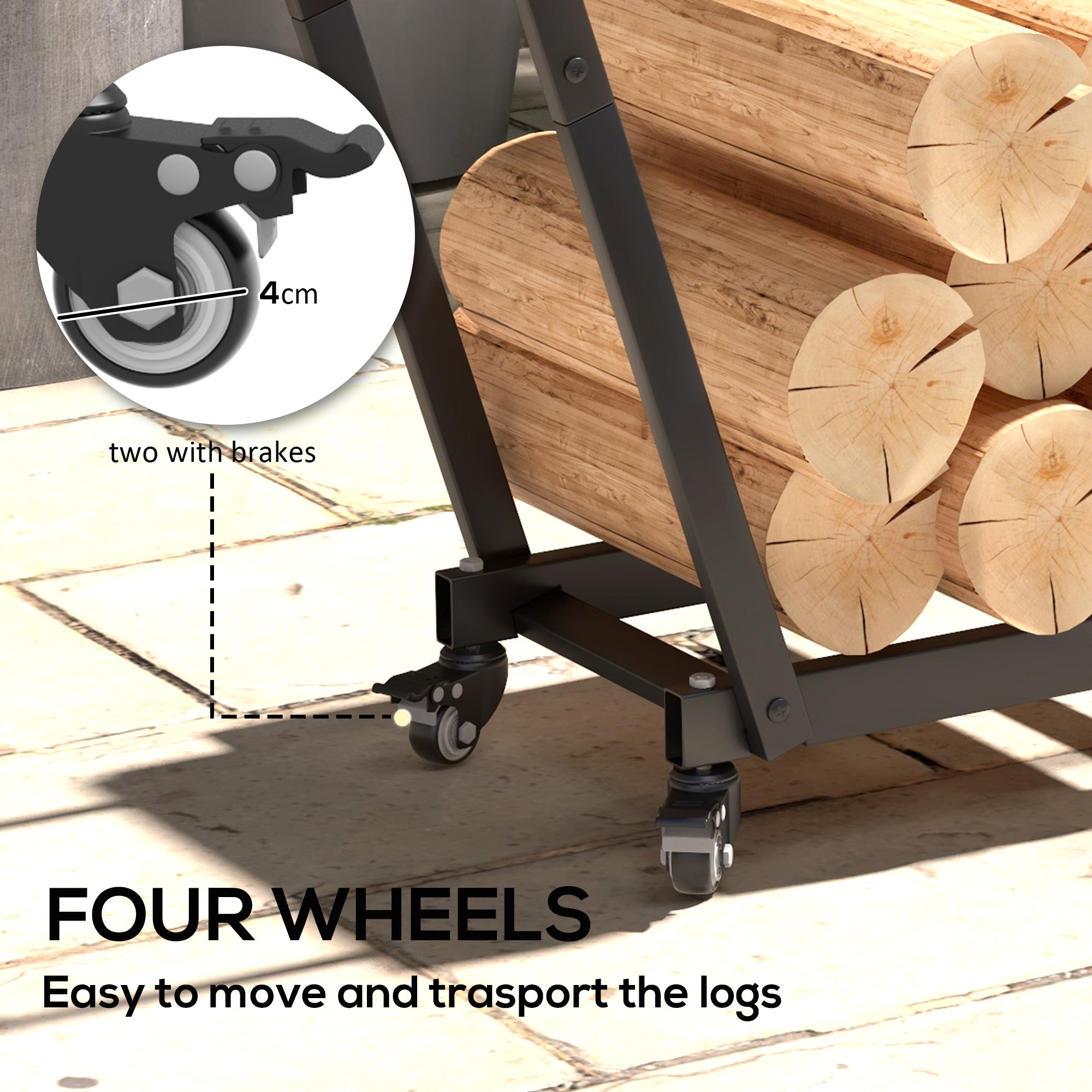 Firewood Rack with Wheels Metal Log Holder with Hooks