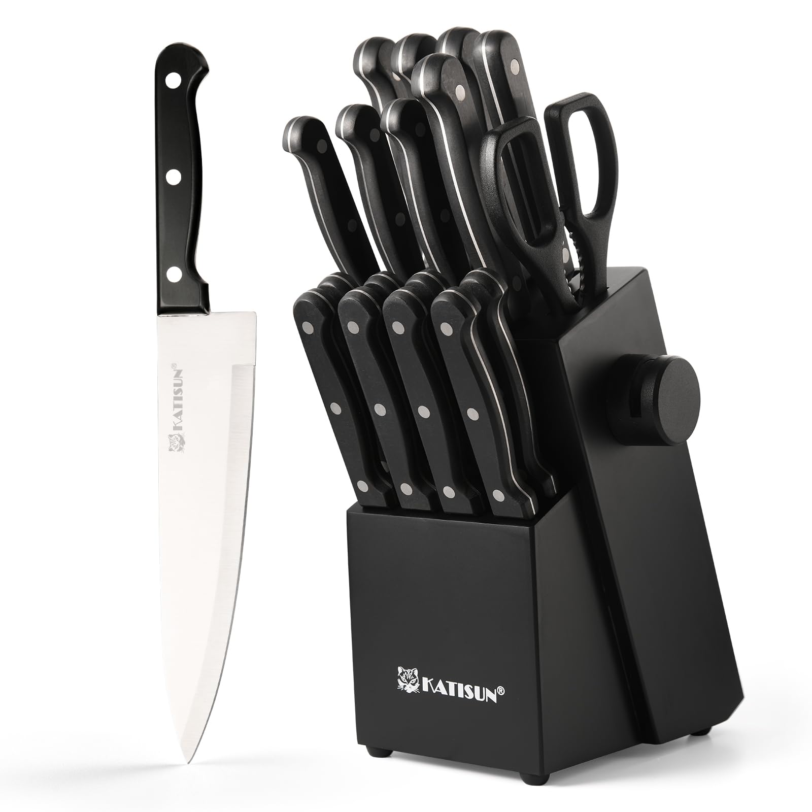 19 Piece Kitchen Knife Set German Steel Block with Built-in Sharpener