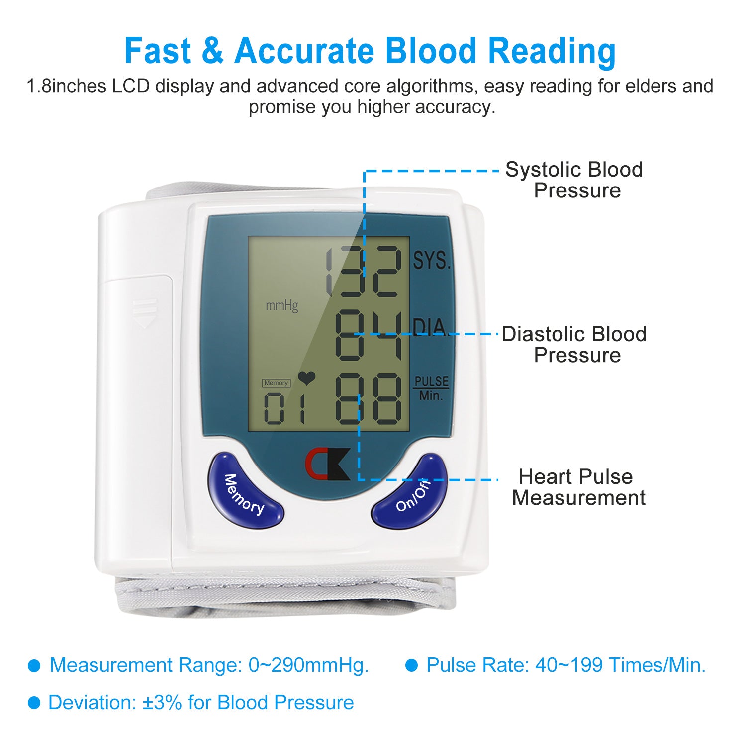 Wrist Blood Pressure Monitor Digital LCD Heart Rate Tester