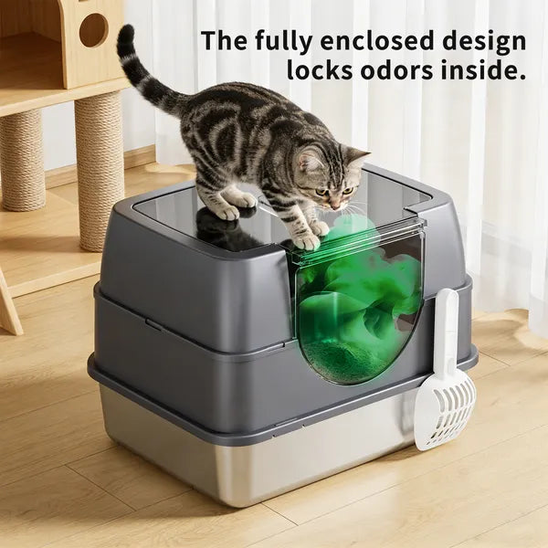 Fully Enclosed Stainless Steel Cat Litter Box – Odor Control Easy Clean Cat Toilet