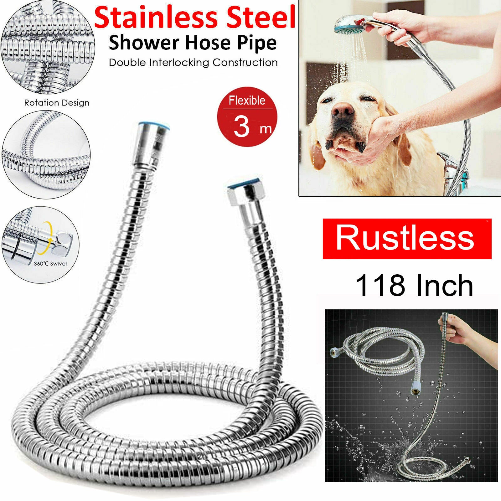 3m Stainless Steel Shower Hose Extra Long Anti-Twist 118 Inch