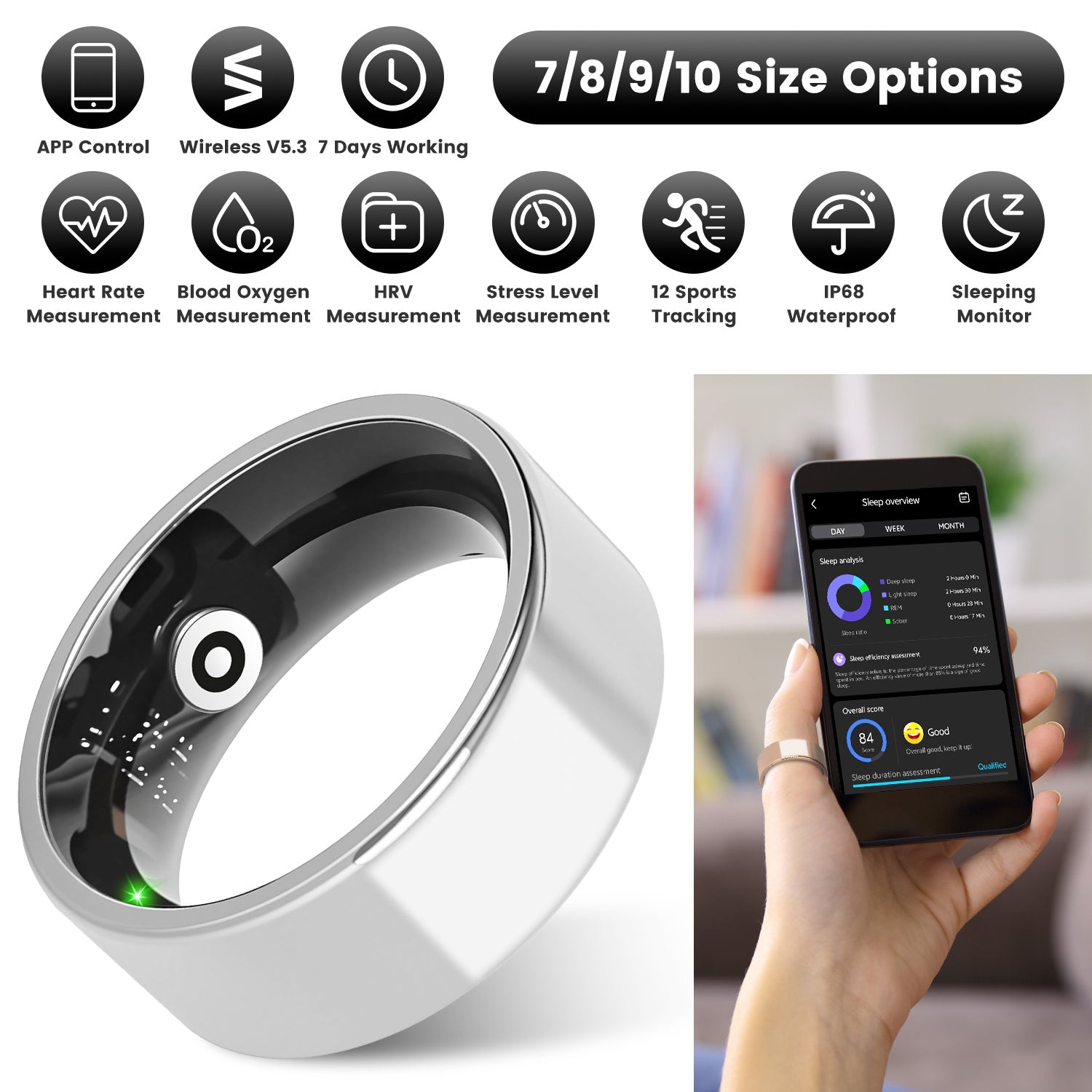 Smart Ring Health Tracker with Sleep, HRV & 7-Day Battery for iOS Android