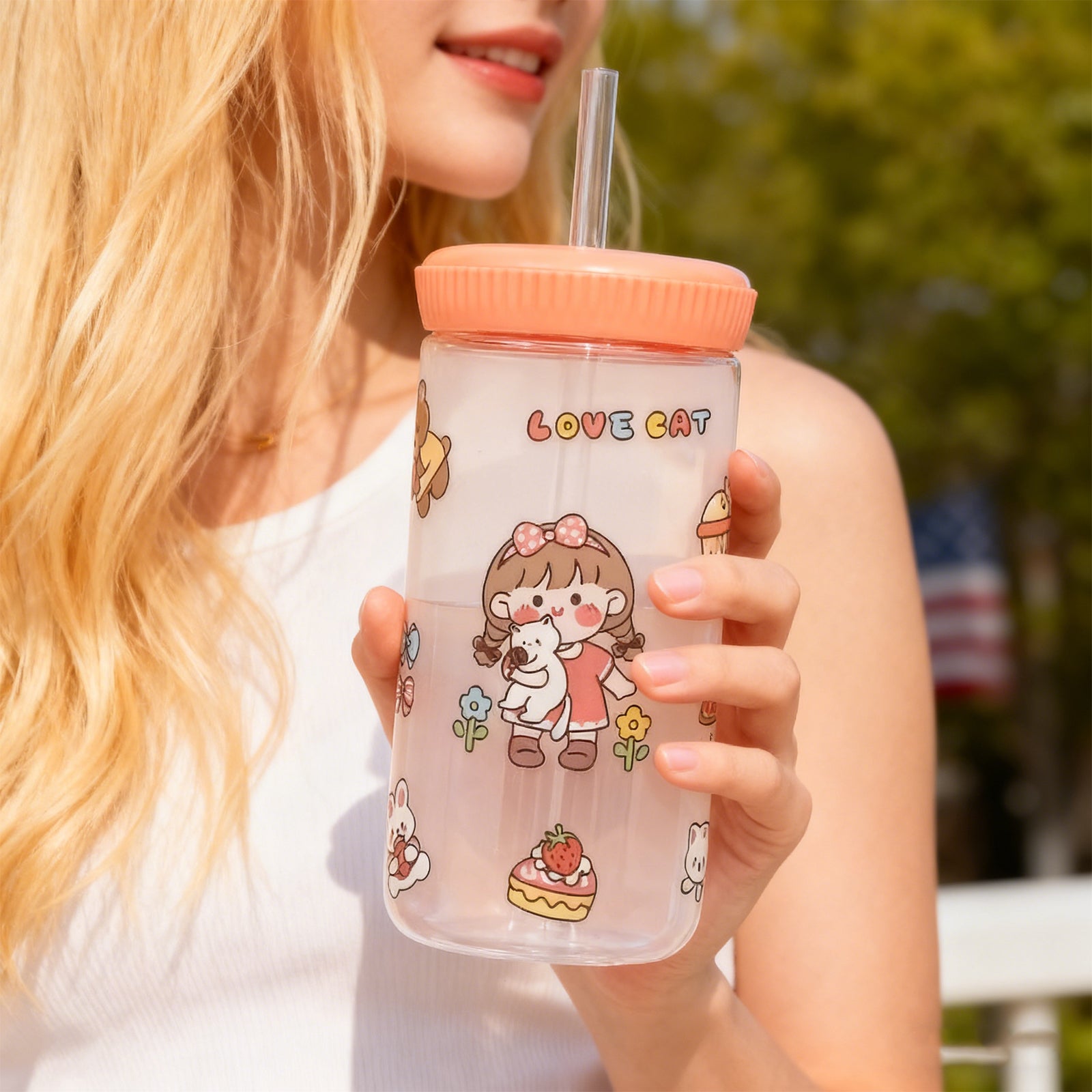 500ml Cartoon Straw Water Bottle Pink Kids Drink Bottle