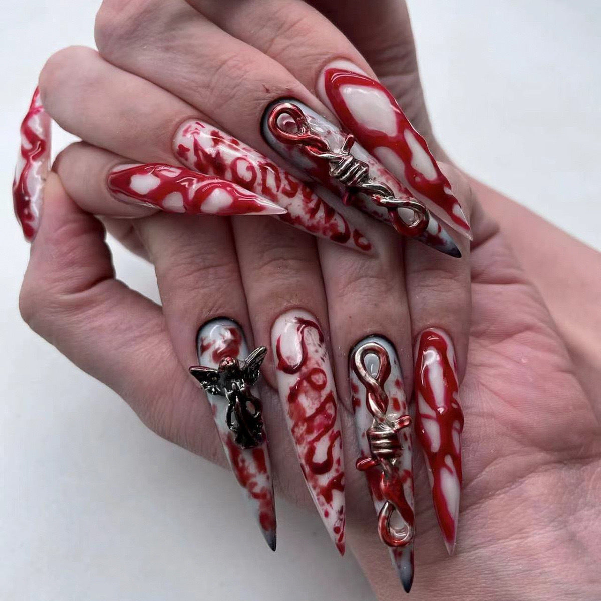 24 PCS Extra Long 3D Blood Angel Fake Nails