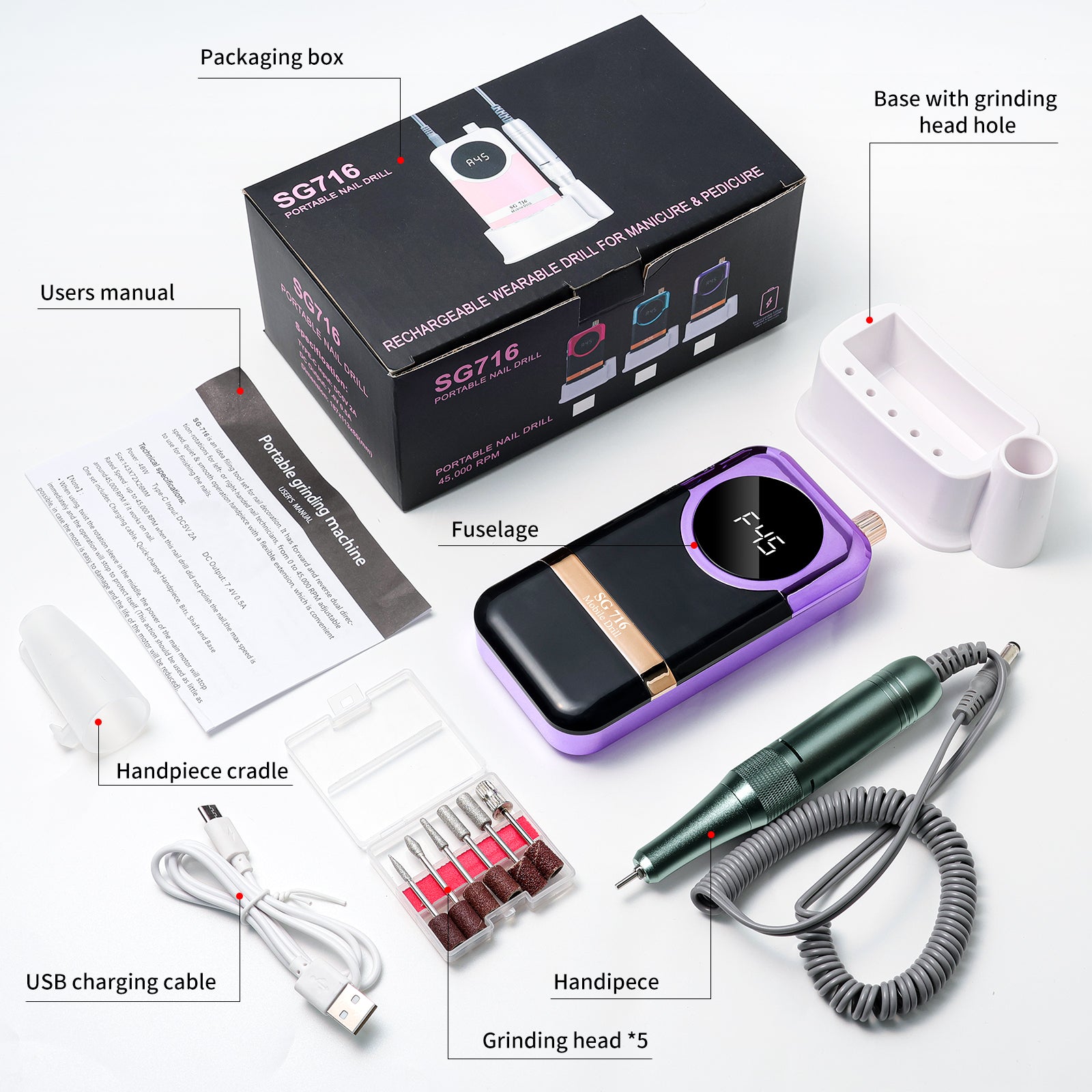 45000 RPM Portable Electric Nail Drill Kit with 6 Bits & LED