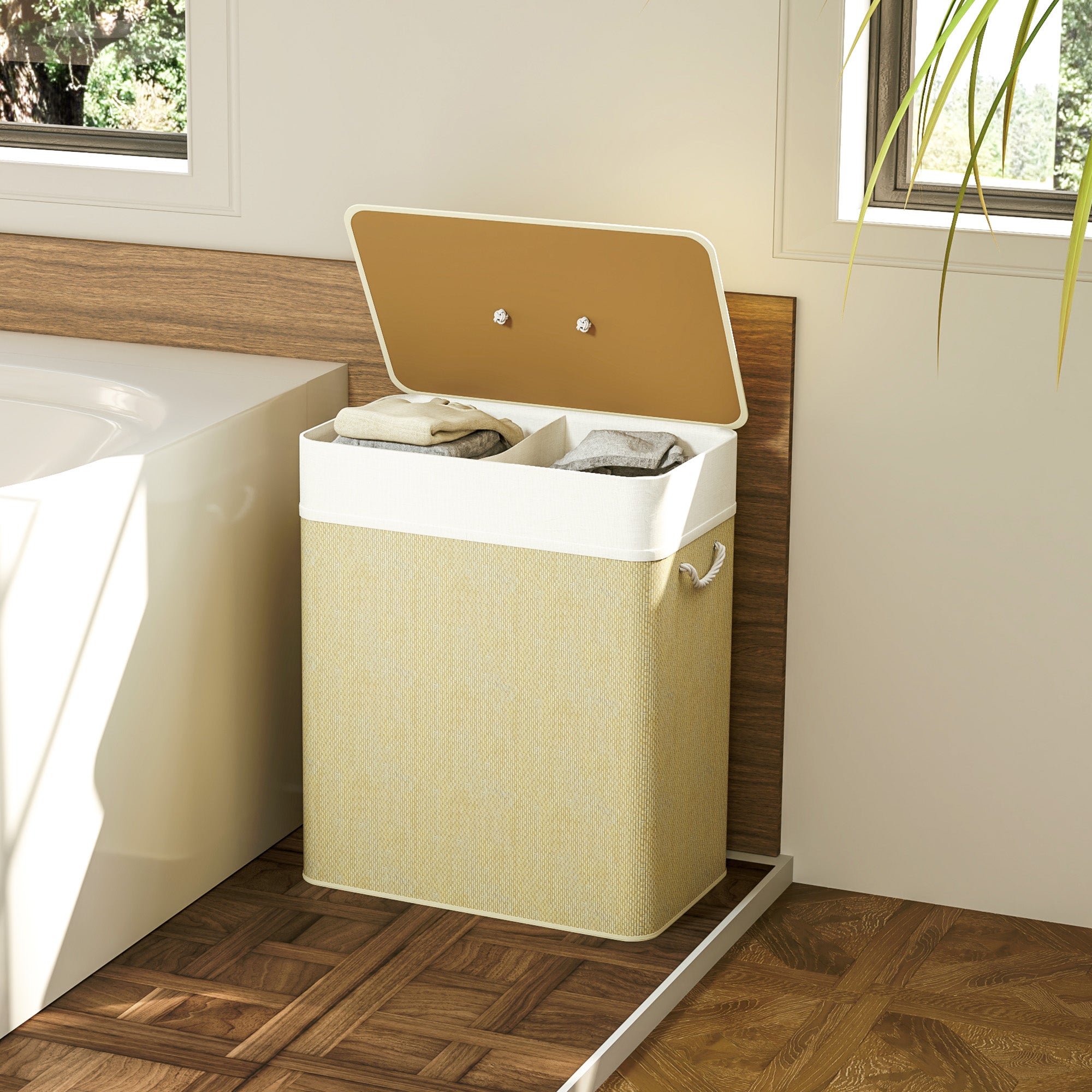 Bamboo Double Laundry Hamper with Lid & Removable Liners