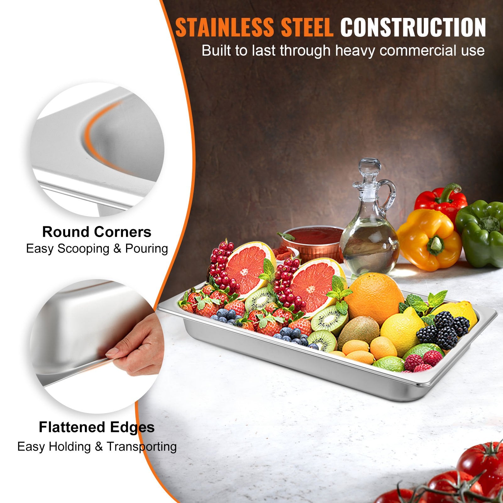 6 Pack Full Size Stainless Steel Steam Table Pans 8.5L Deep Set