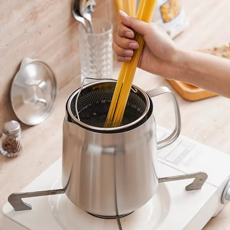 2L Stainless Steel Oil Filter Pot with Fine Mesh & Frying Basket