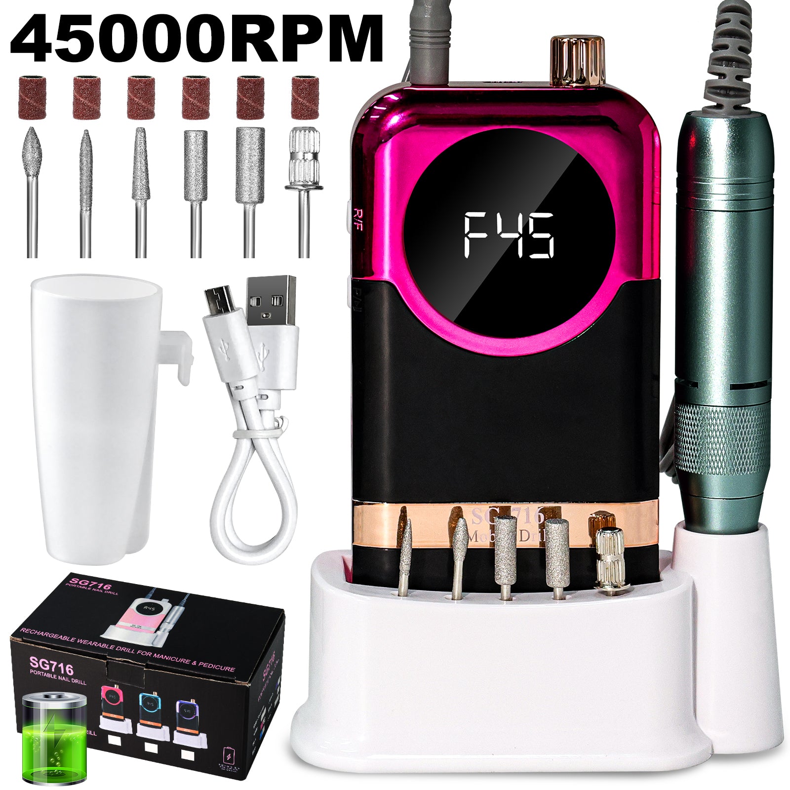 45000 RPM Portable Electric Nail Drill Kit with 6 Bits & LED