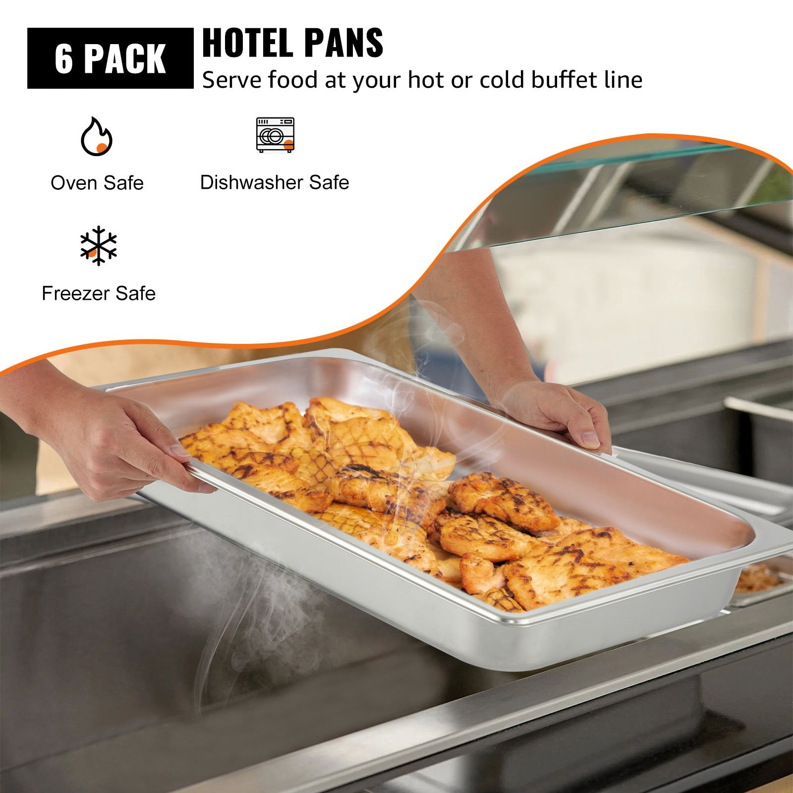 6 Pack Full Size Stainless Steel Steam Table Pans 8.5L Deep Set