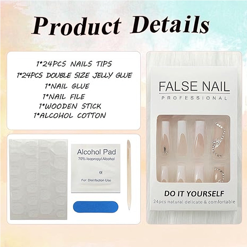 24 PCS White Flower Butterfly Long Fake Nails