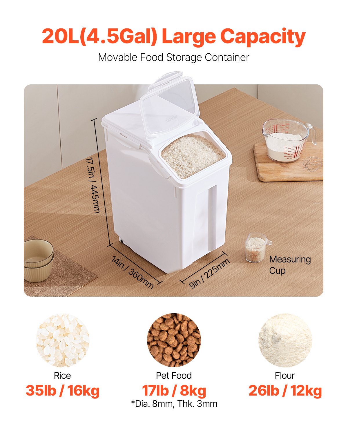 20L Airtight Flour Storage Container 4.5Gal Kitchen Bin