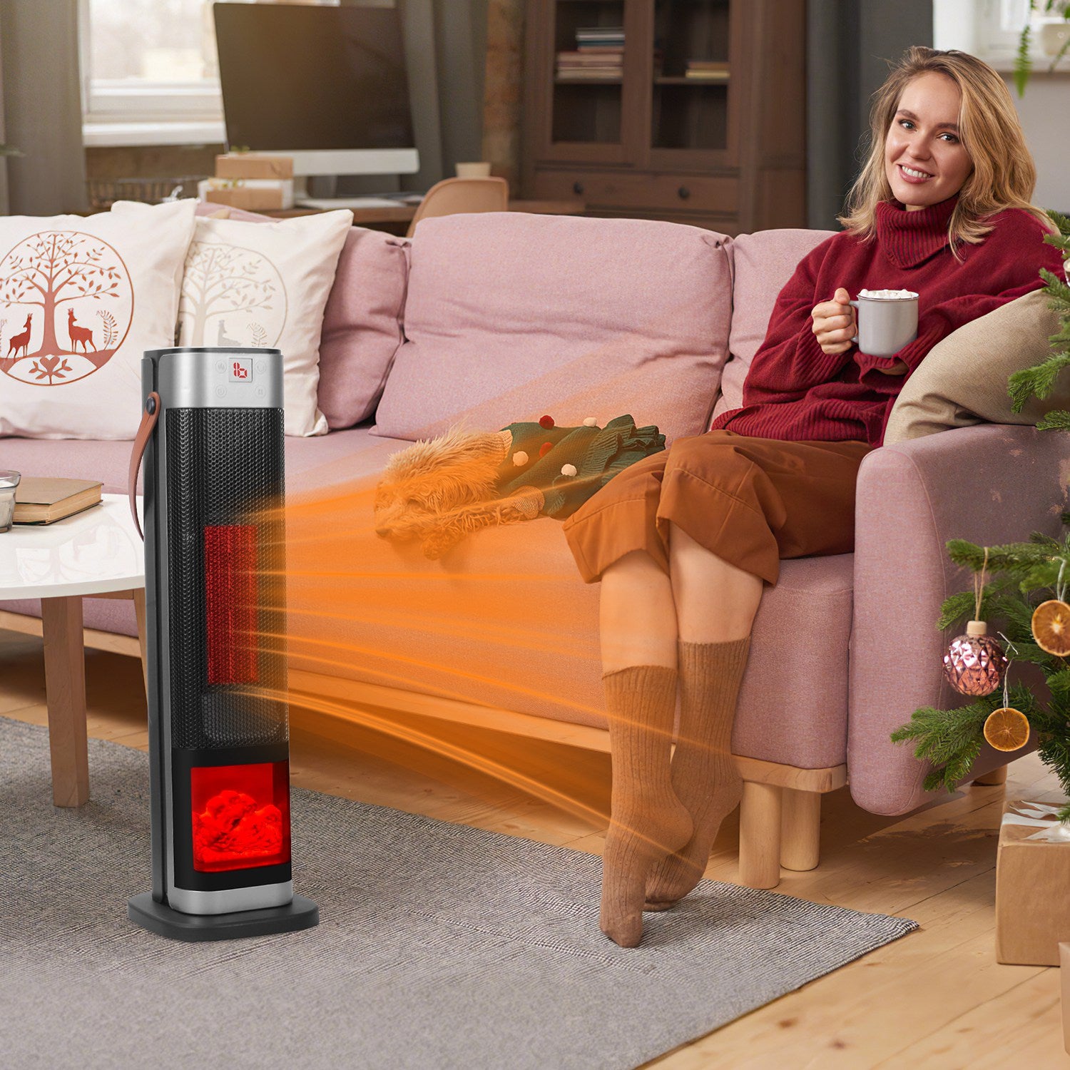 1500W Oscillating Tower Space Heater with Flame Remote Control